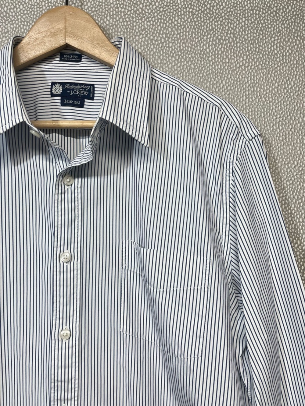 L (16-16.5) J. Crew Factory Men’s White with Navy Stripes Button Down Shirt